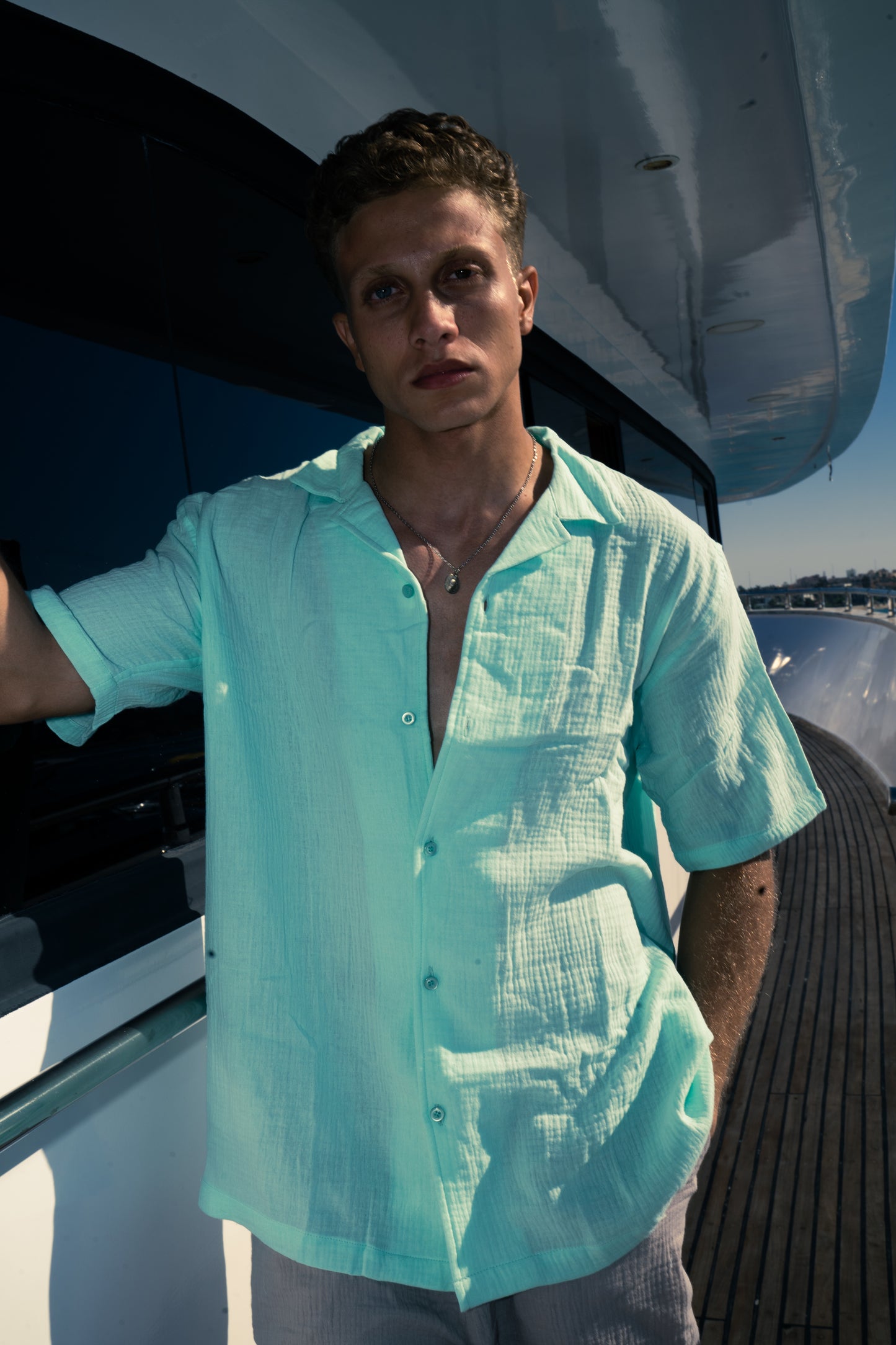 Man Linen Short Sleeves Shirt - Aqua