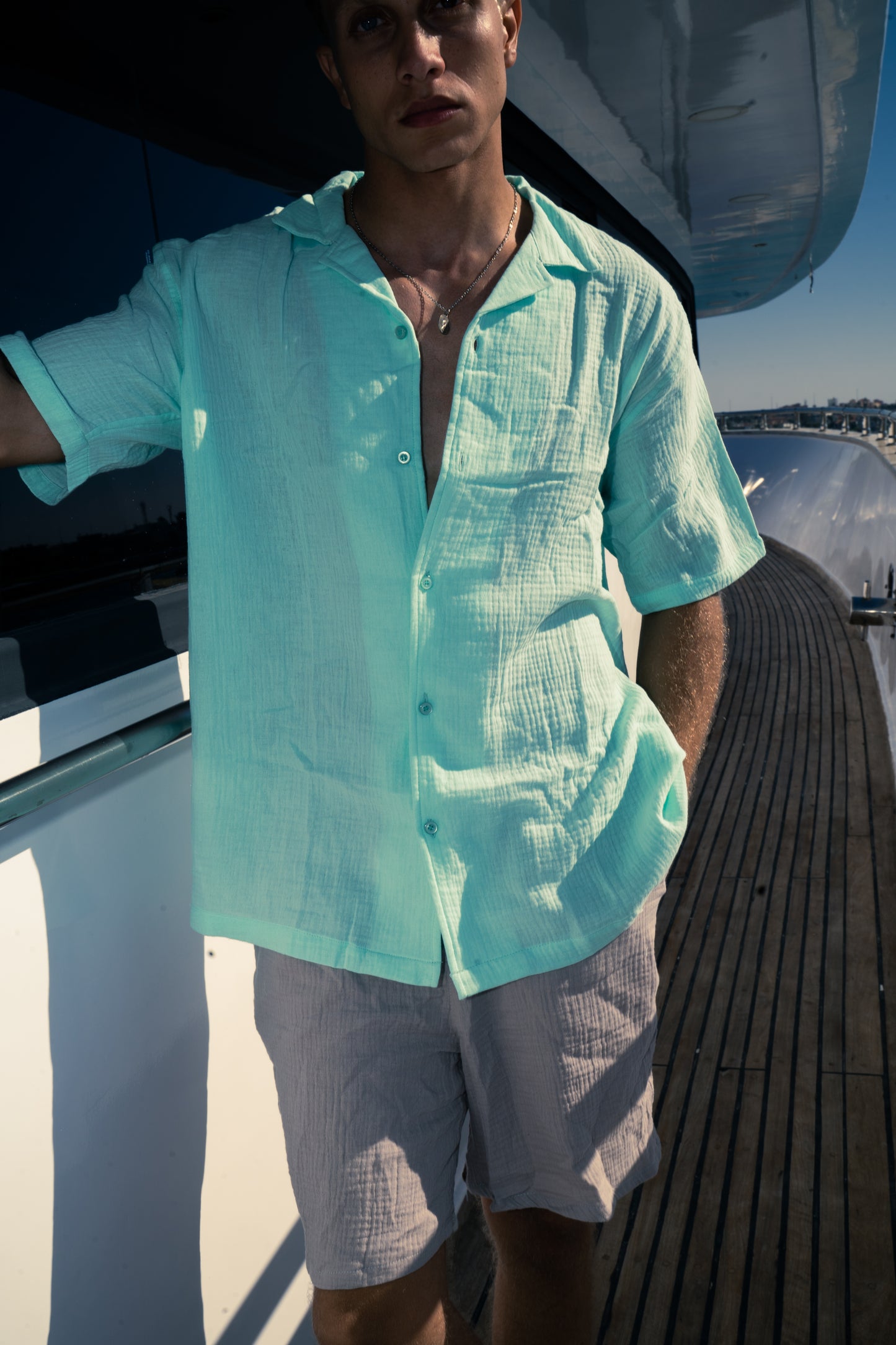Man Linen Short Sleeves Shirt - Aqua