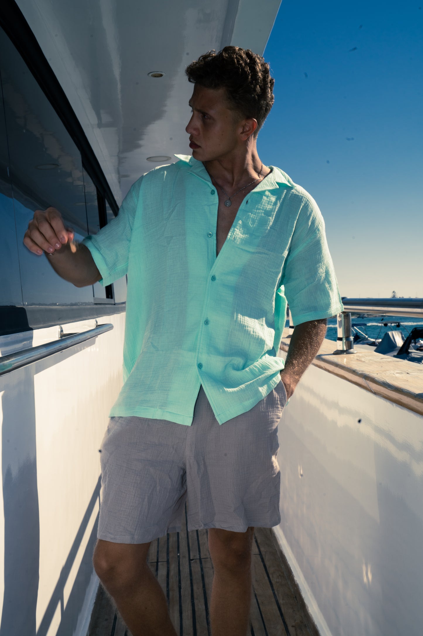 Man Linen Short Sleeves Shirt - Aqua