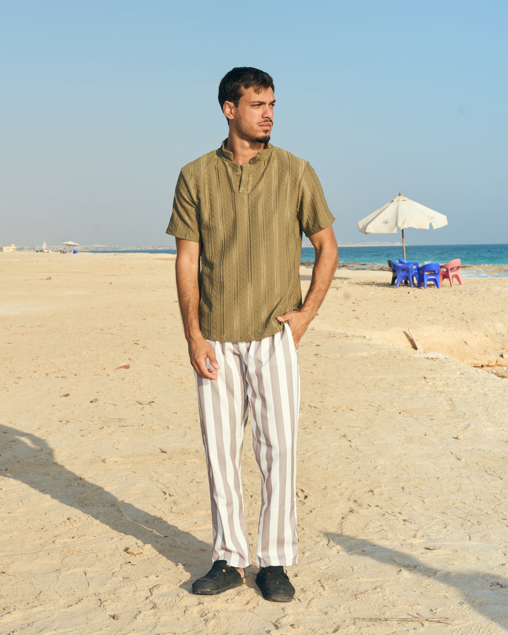 striped pants beige