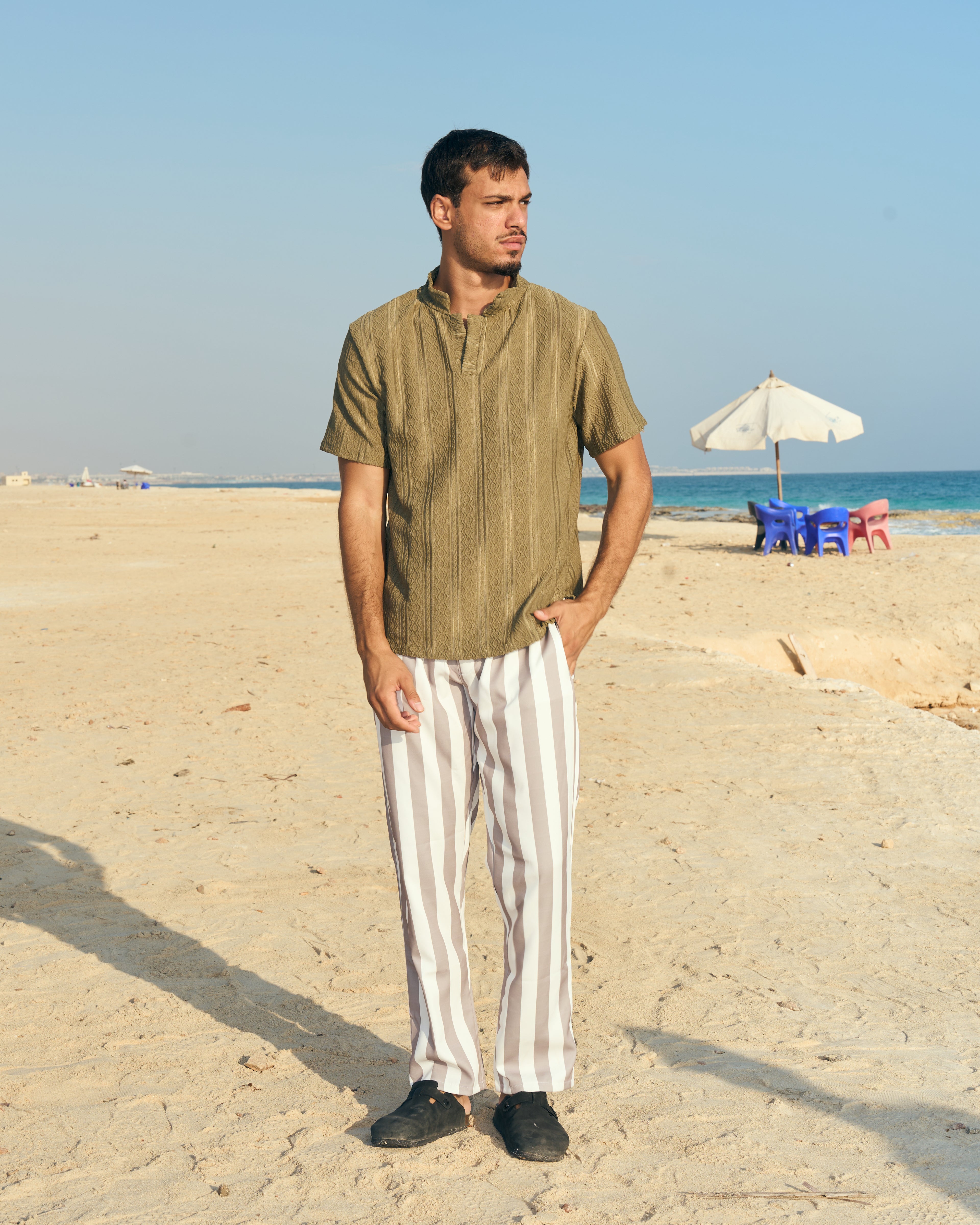 striped pants beige
