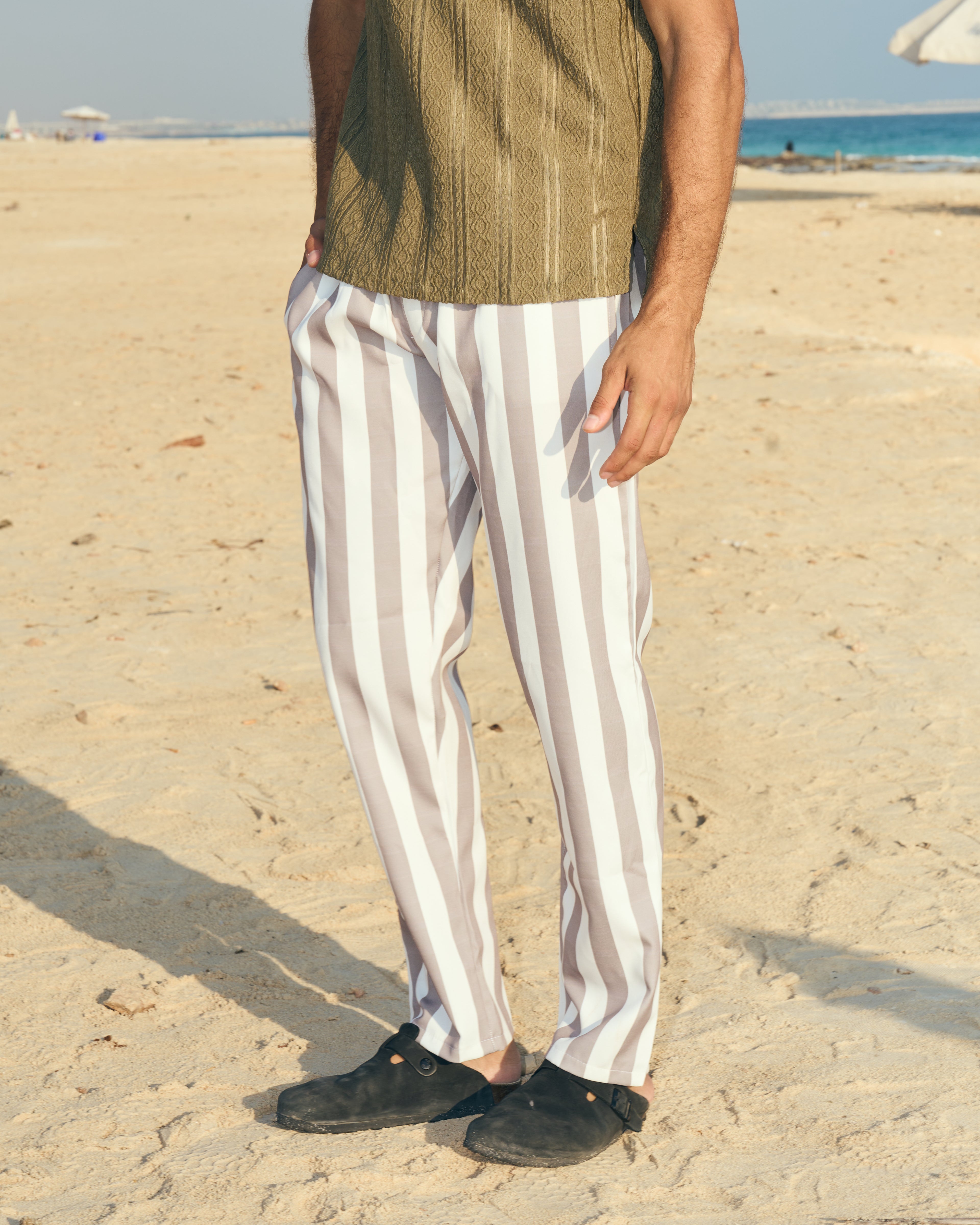 striped pants beige