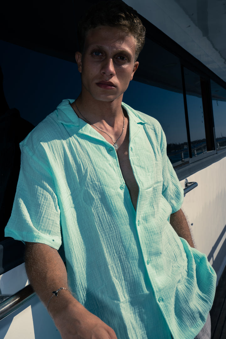 Man Linen Short Sleeves Shirt - Aqua