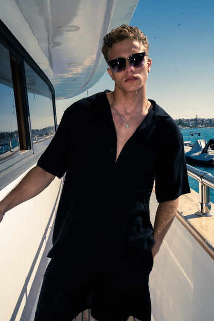 Man Linen Short Sleeves Shirt - Black