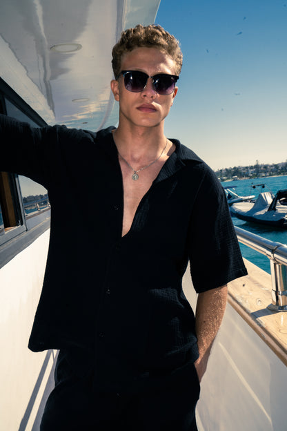Man Linen Short Sleeves Shirt - Black