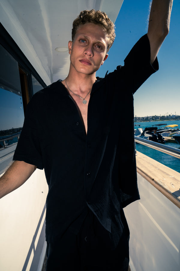 Man Linen Short Sleeves Shirt - Black
