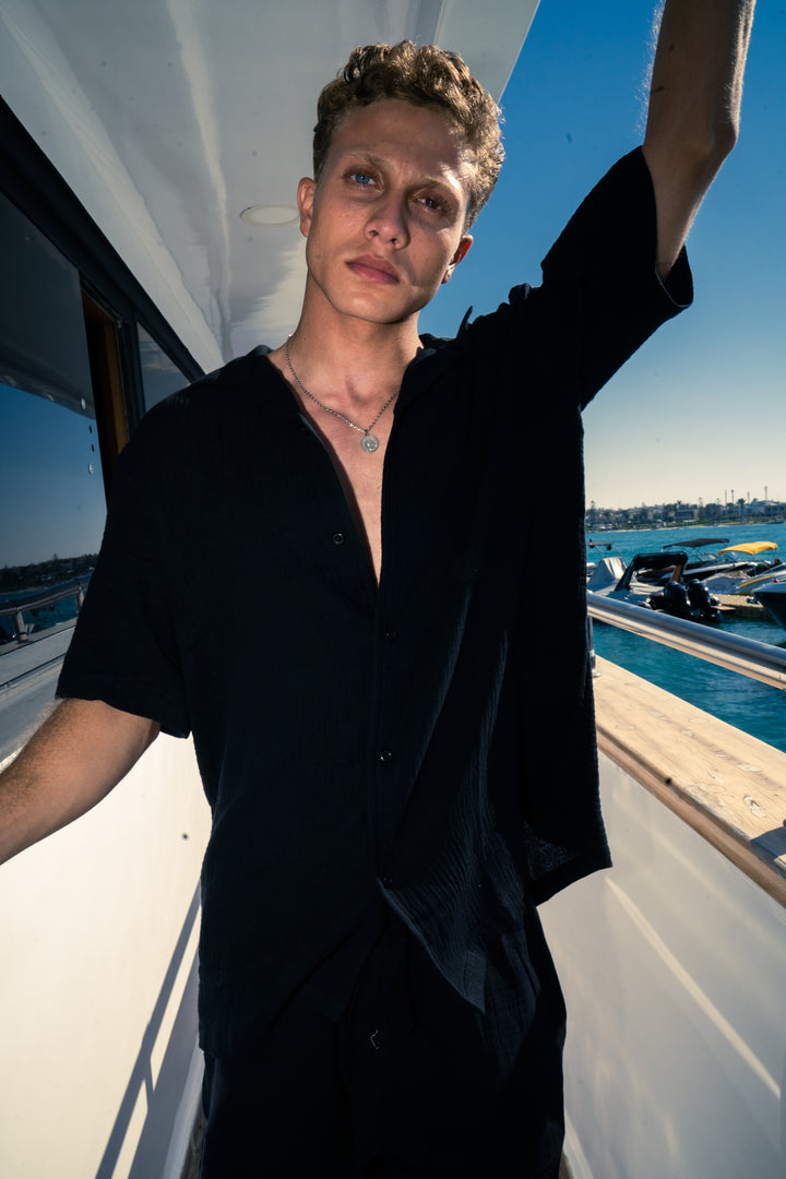 Man Linen Short Sleeves Shirt - Black